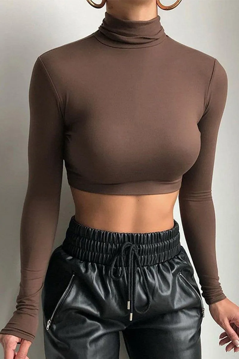 WOMEN HIGH NECK LONG SLEEVE FITTED SEXY CROP TOP Hidden Storage Pockets Reflective Accent Trim