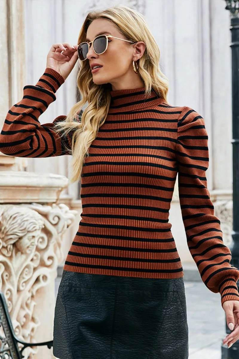WOMEN HIGH NECK STRIPE PATTERN LONG SLEEVE TOP Eco Friendly Fabric