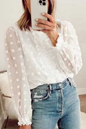 MoistureWickingMaterial WOMEN LACE SWISS DOT RUFFLE CUFF BLOUSE