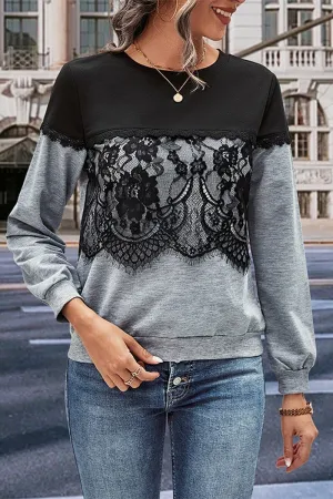 WOMEN LACE TRIM LAYERED ROUND NECK DANDY T SHIRT SeamFree Knitting