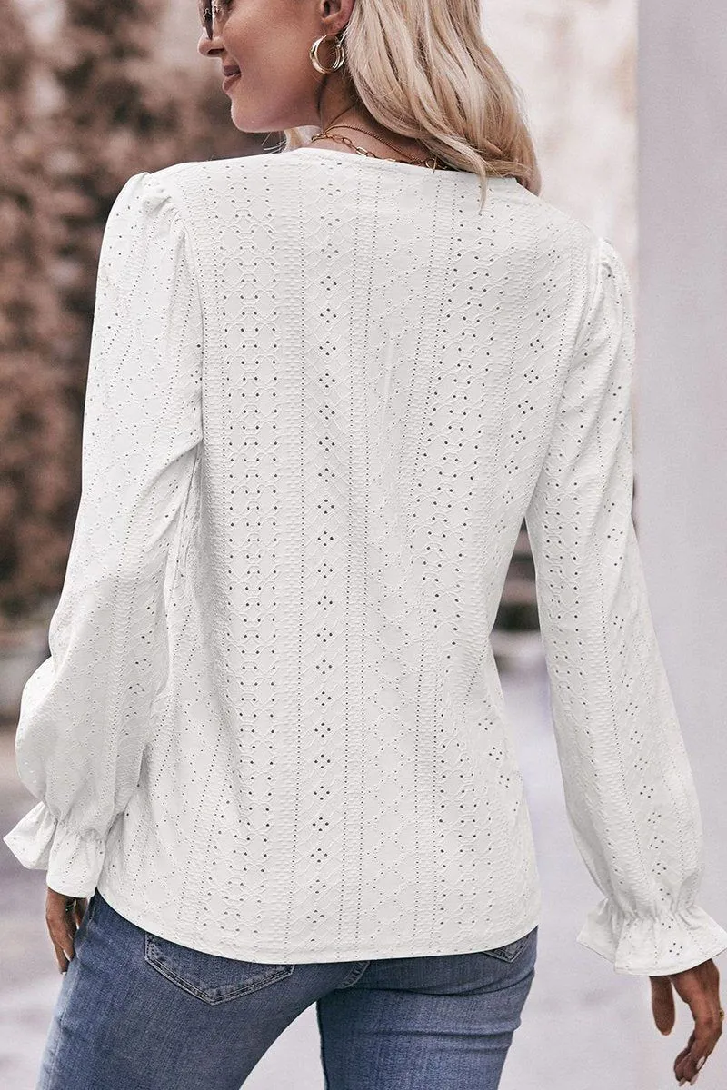 Soft Touch Feel Adjustable Cuffs WOMEN LACE TRIM V NECK FLARED SLEEVE BLOUSE