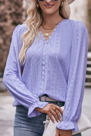 WOMEN LACE TRIM V NECK FLARED SLEEVE BLOUSE Winter Fashion WaterResistant