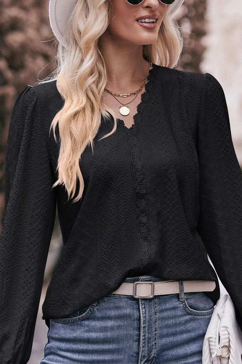 WOMEN LACE TRIM V NECK FLARED SLEEVE BLOUSE AbrasionResistantEdging Raglan Sleeve