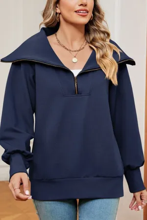 WOMEN LAPEL ZIP UP LONG SLEEVE LOOSE PULLOVER Microfiber texture