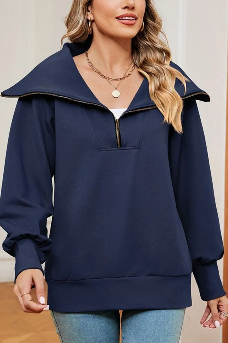 WOMEN LAPEL ZIP UP LONG SLEEVE LOOSE PULLOVER Microfiber texture