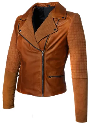 Women Leather Biker Jacket with Two Tone Oil Pull up and Suede Leather