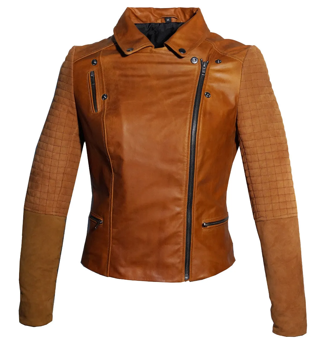 Women Leather Biker Jacket with Two Tone Oil Pull up and Suede Leather