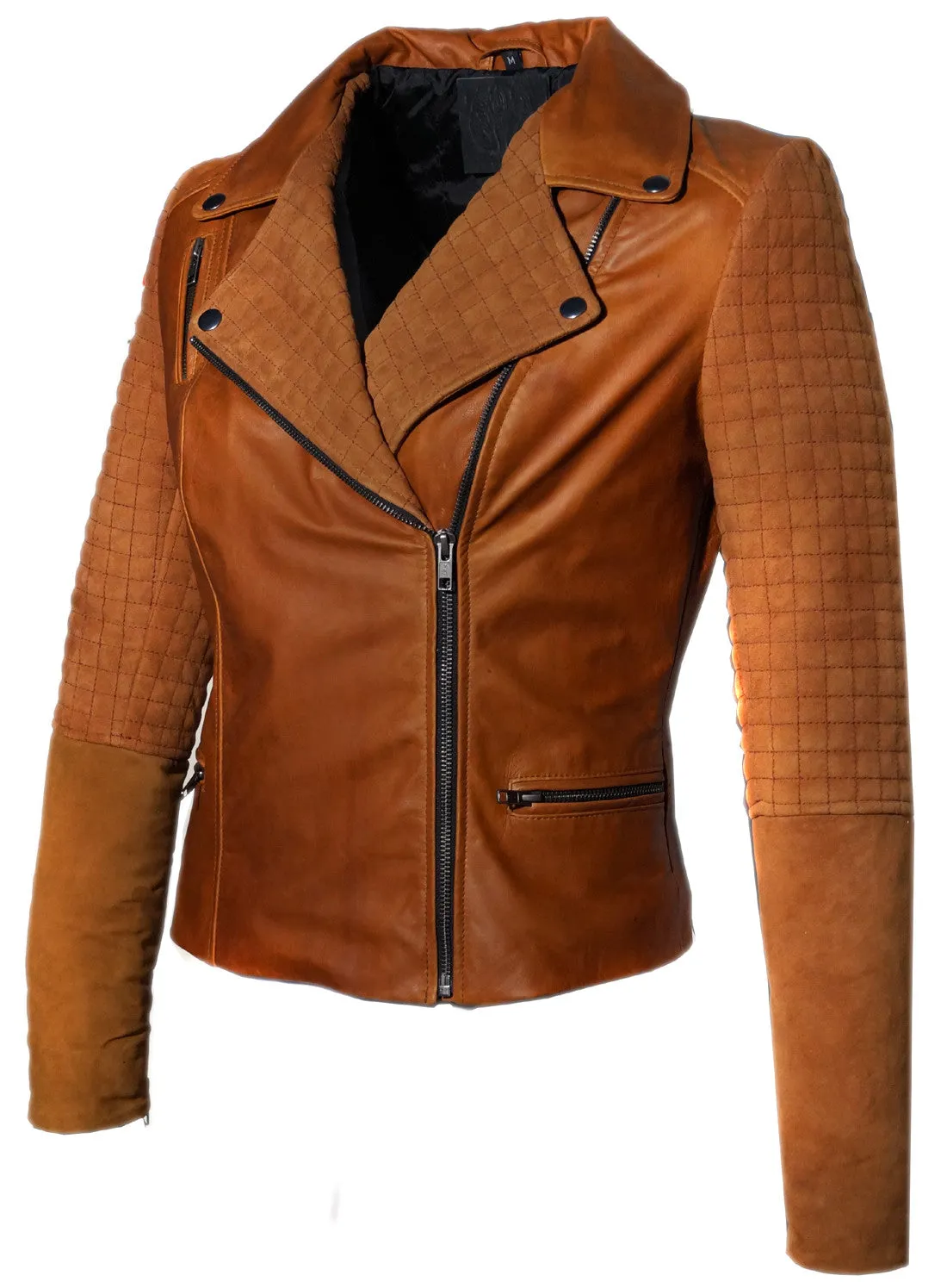 Women Leather Biker Jacket with Two Tone Oil Pull up and Suede Leather