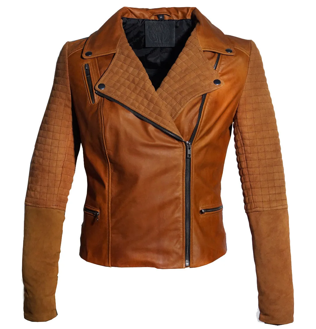 Women Leather Biker Jacket with Two Tone Oil Pull up and Suede Leather