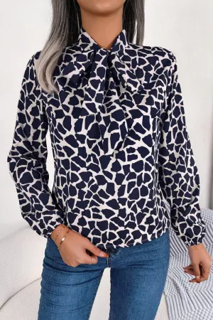 WOMEN LEOAPRD PATTERN TIED NECK OFFICE BLOUSE FlexibleLayeredConstruction