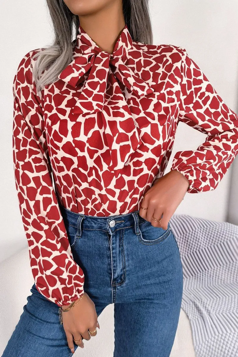 NoSlipSurface WOMEN LEOAPRD PATTERN TIED NECK OFFICE BLOUSE