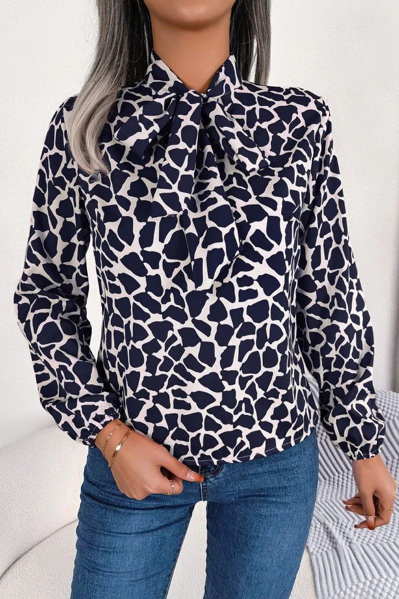 WOMEN LEOAPRD PATTERN TIED NECK OFFICE BLOUSE Fashionable Look