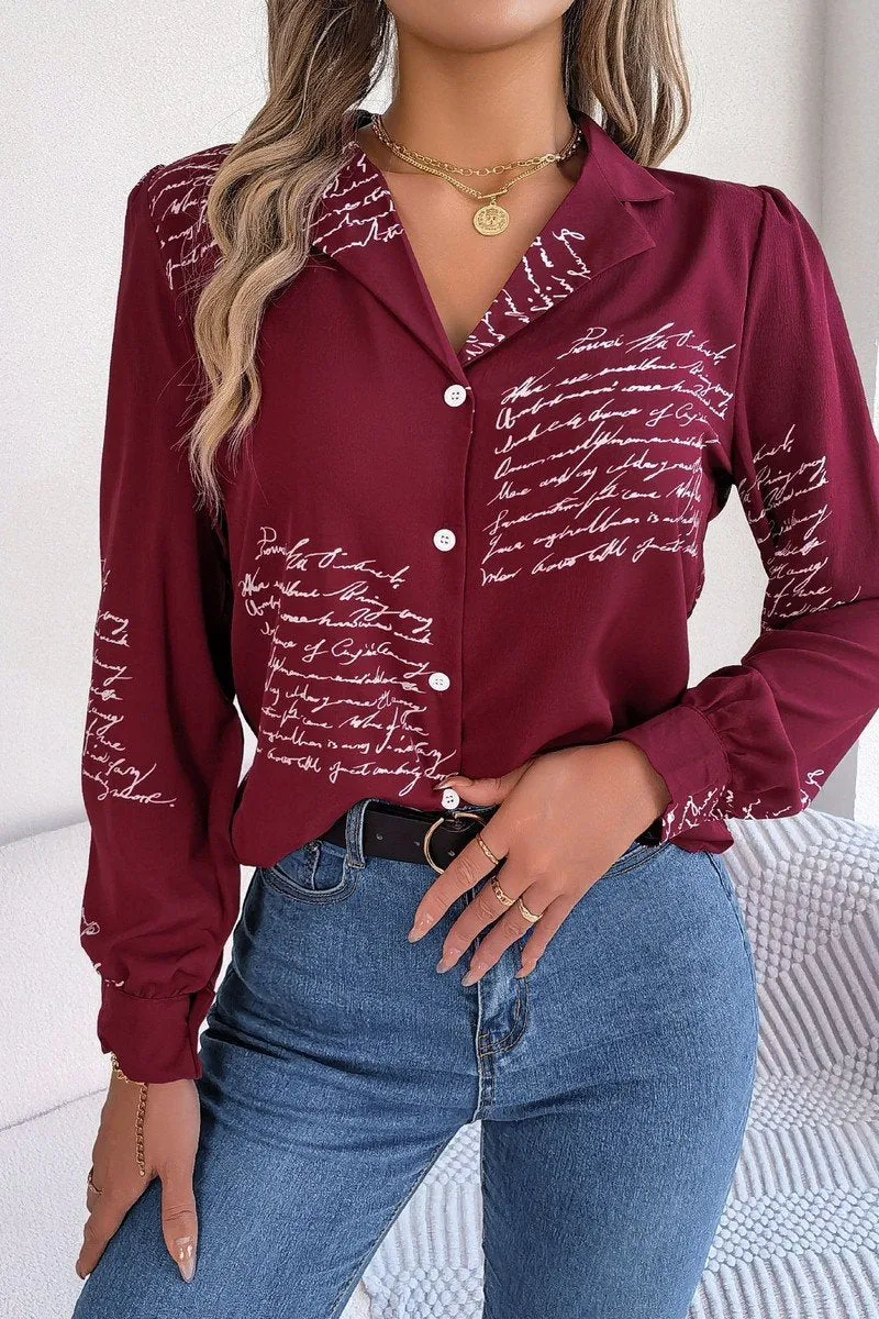 WOMEN LETTER PRINTING SEMI FORMAL OFFICE BLOUSE FlexibleCollarStructure Basic Tee