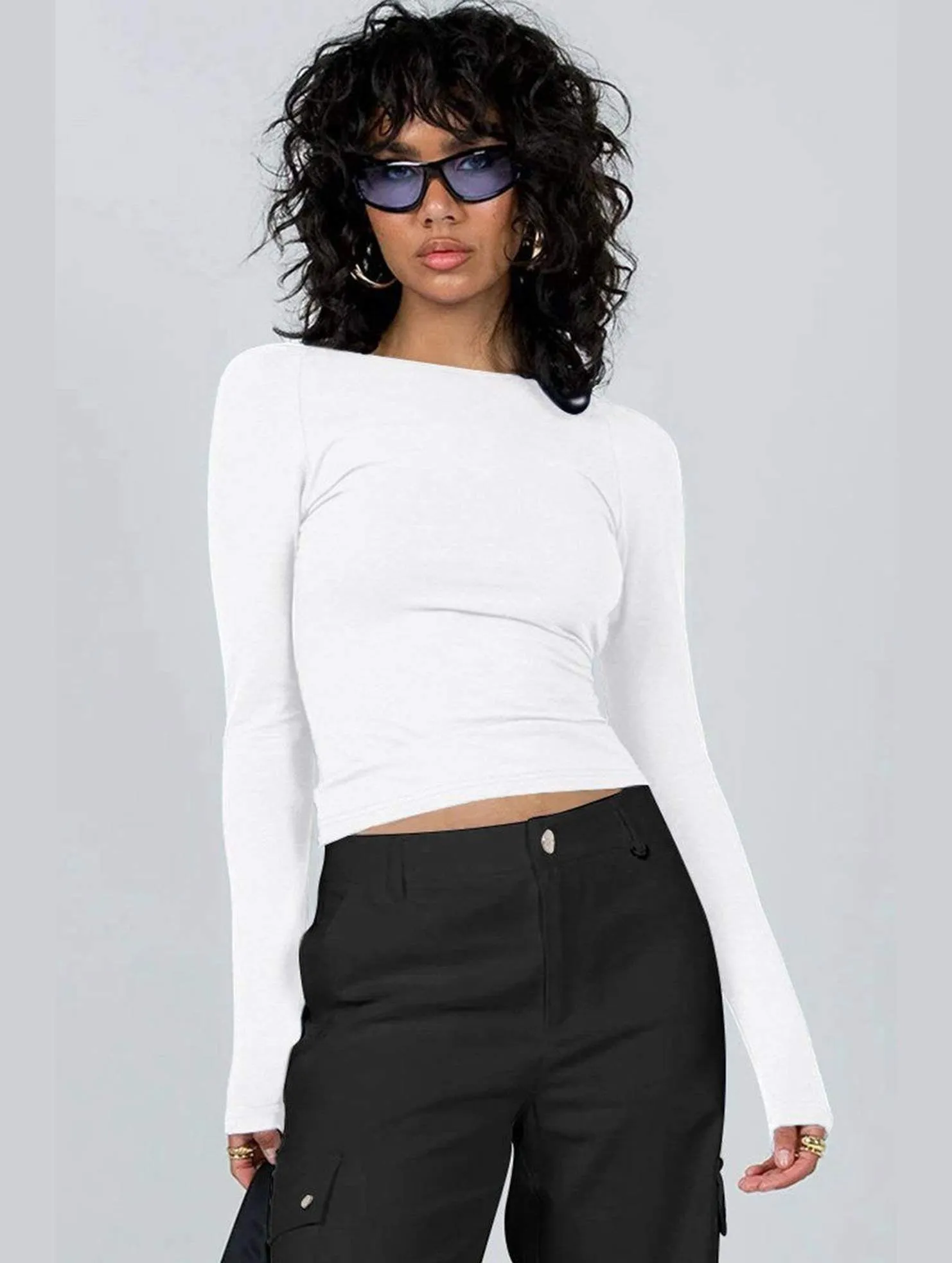 WOMEN LONG SLEEVE BACKLESS TIGHT T SHIRT Sustainable Fabric Blend Unlined Design