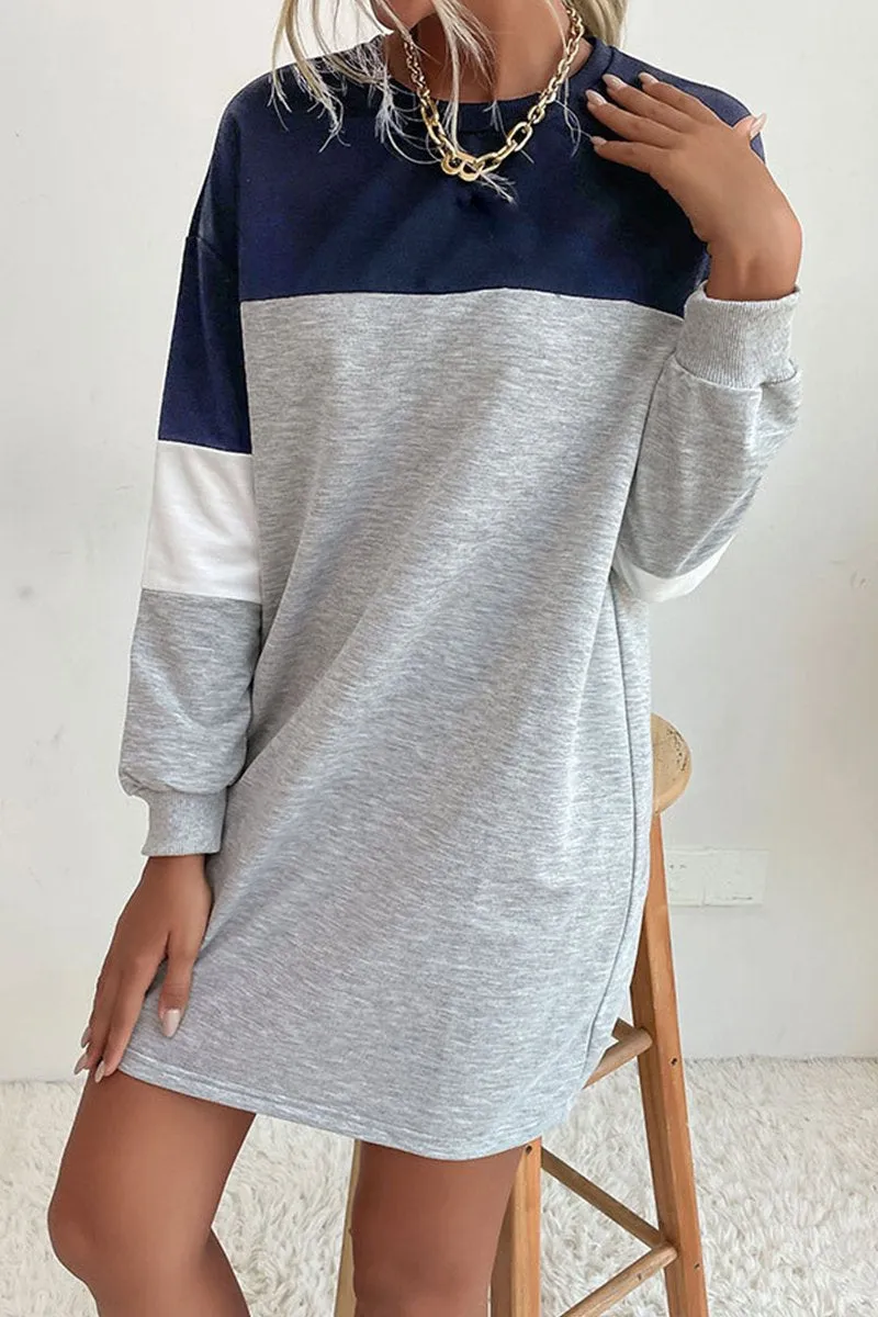 Classic knee-length dress Smart And Comfortable WOMEN LONG SLEEVE COLOR BLOCK COZY SHOR DRESS