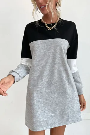 WOMEN LONG SLEEVE COLOR BLOCK COZY SHOR DRESS Ruched-Detail Versatile occasion dress