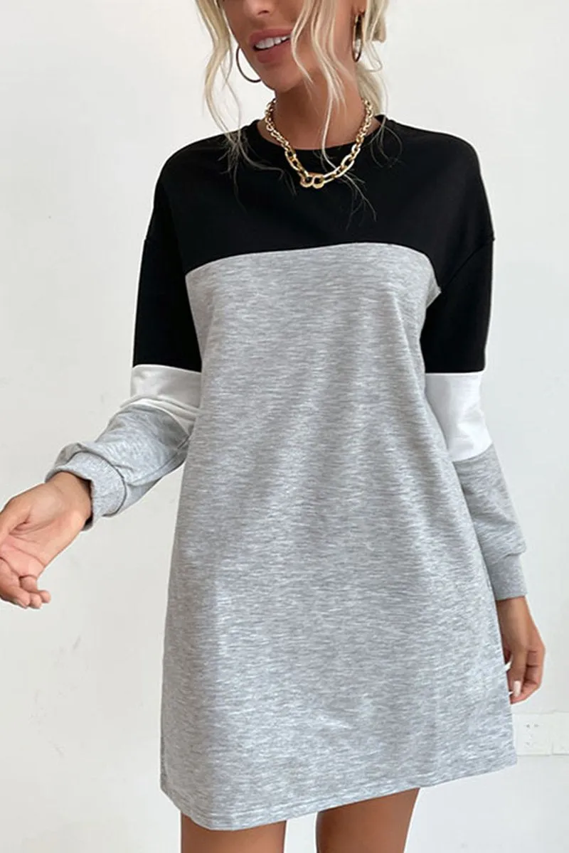 WOMEN LONG SLEEVE COLOR BLOCK COZY SHOR DRESS Perfect Comfort Wear