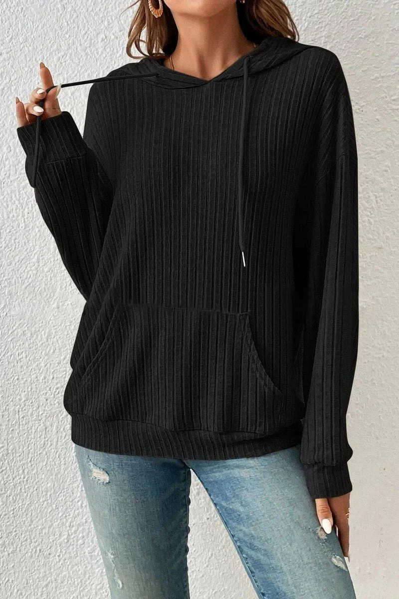 WOMEN LONG SLEEVE RIB POCKET PULLOVER HOODIE SeamlessDesign AntiStaticFinish