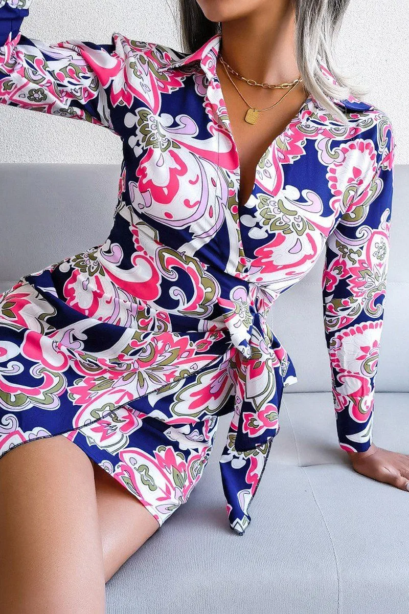 WOMEN LONGSLEEVE PRINTED LACE UP SHIRT DRESS Fresh Appeal