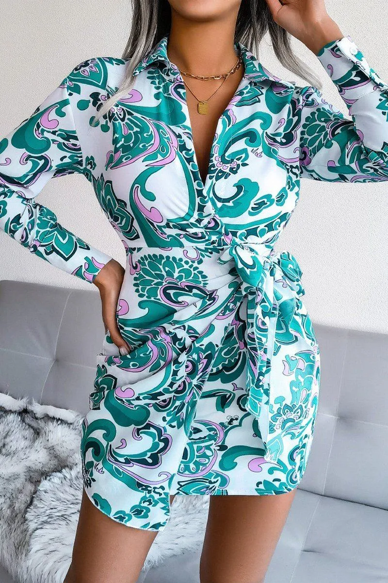 WOMEN LONGSLEEVE PRINTED LACE UP SHIRT DRESS Soft Stretch