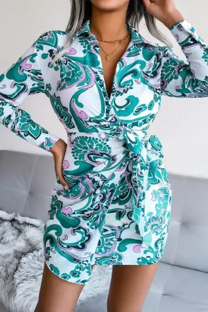 WOMEN LONGSLEEVE PRINTED LACE UP SHIRT DRESS Soft Stretch