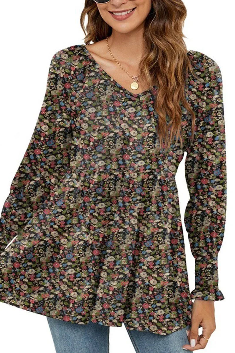 Elegant Look WOMEN LOOSE FIT FLORAL PATTERN RUFFLED TUNIC TOP