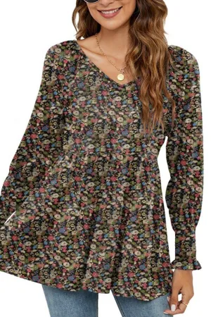 WOMEN LOOSE FIT FLORAL PATTERN RUFFLED TUNIC TOP Eco Friendly Fabric Resilient Fabric Blend