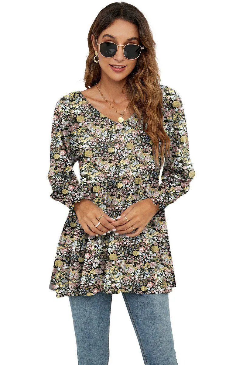 WOMEN LOOSE FIT FLORAL PATTERN RUFFLED TUNIC TOP Textured Weave Pattern