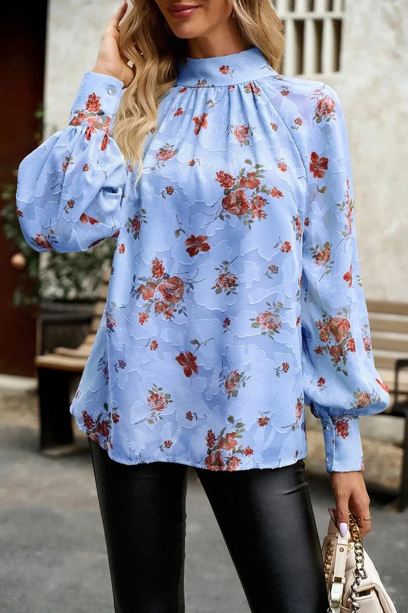WOMEN LOOSE FIT HIGH NECK FLORAL PRINTING BLOUSE PlacketDetail