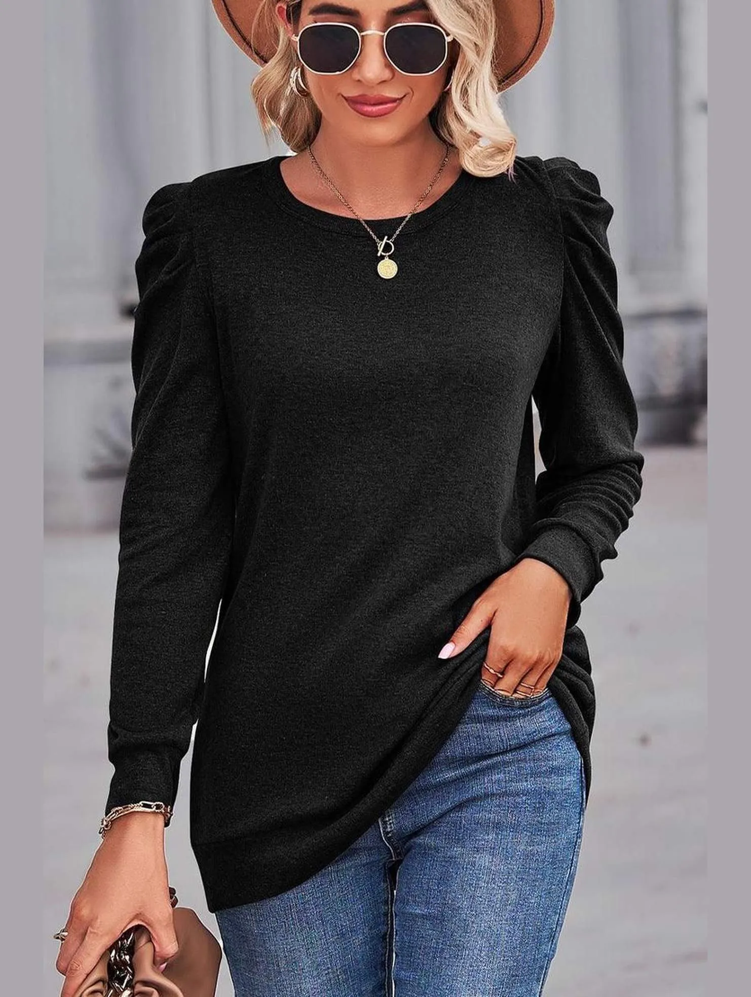 WOMEN LOOSE FIT SHIRRED PUFF SLEEVE PULLOVER TOP Raglan Sleeve