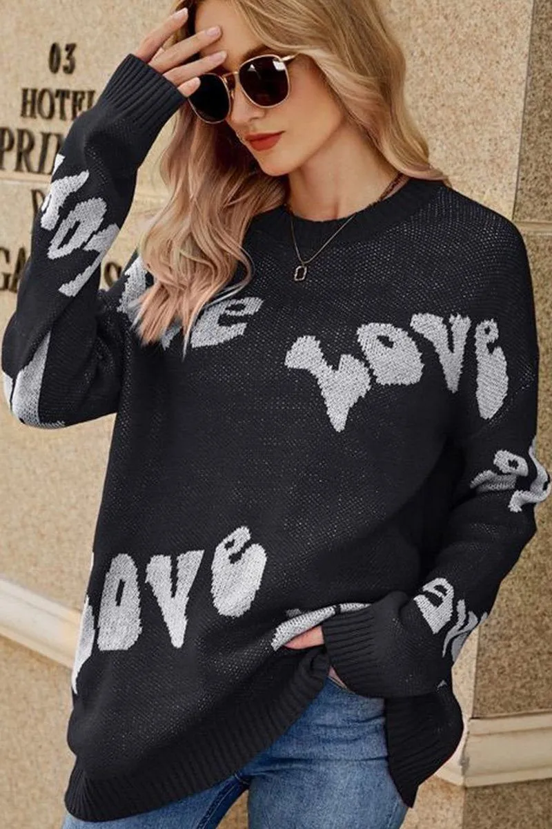 Ventilated Mesh Panels WOMEN LOVE PRINTING OVERSIZED CASUAL SWEATER