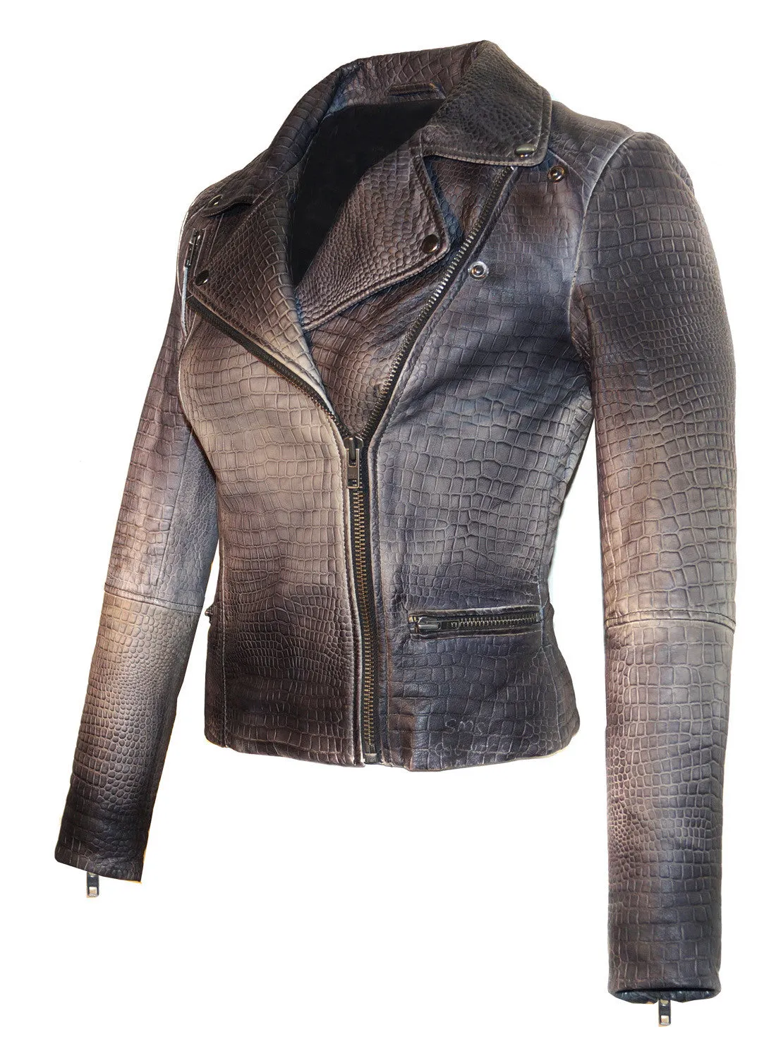 Women Motorcycle Biker Ombre Croco Printed Leather Jacket