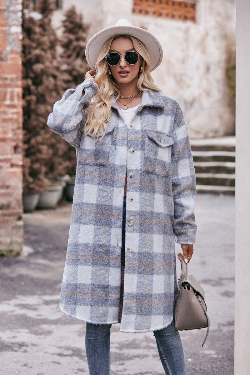 WOMEN OVERSIZED KNEE LENGTH PLAID COAT Adaptive Temperature Control RecycledPolyesterBlend