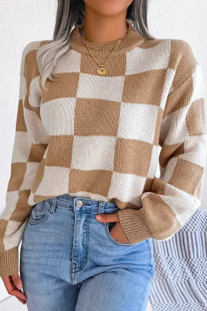 WOMEN PATCHWORK PATTERN LOOSE FIT KNITTED SWEATER Seamless Construction Design