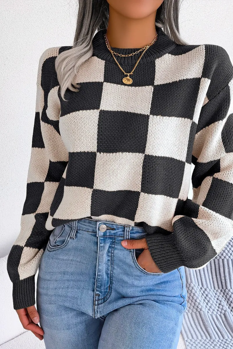 WOMEN PATCHWORK PATTERN LOOSE FIT KNITTED SWEATER AllDay Comfort Design Temperature Control Technology