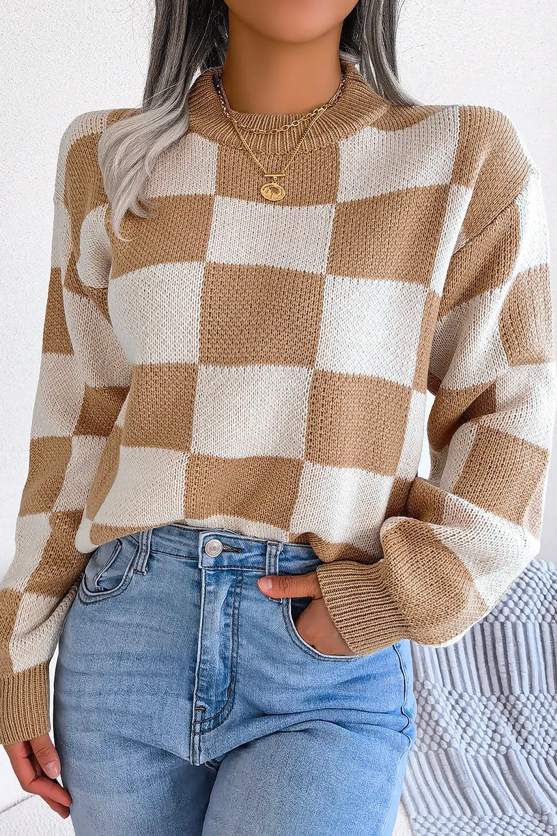 WOMEN PATCHWORK PATTERN LOOSE FIT KNITTED SWEATER QuickRelease Closures