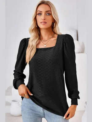 WOMEN PATTERN STITCHED SQUARE NECK PUFF SLEEVE TOP YarnDyed Stripes