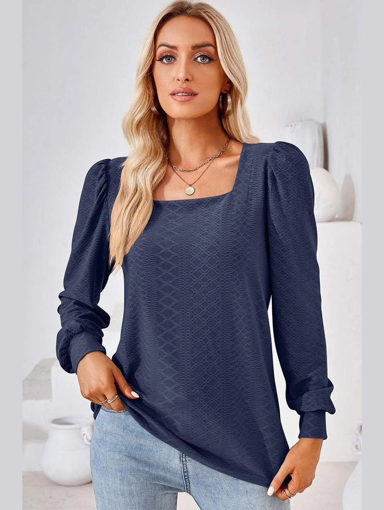 WOMEN PATTERN STITCHED SQUARE NECK PUFF SLEEVE TOP Weighted Hem Trim