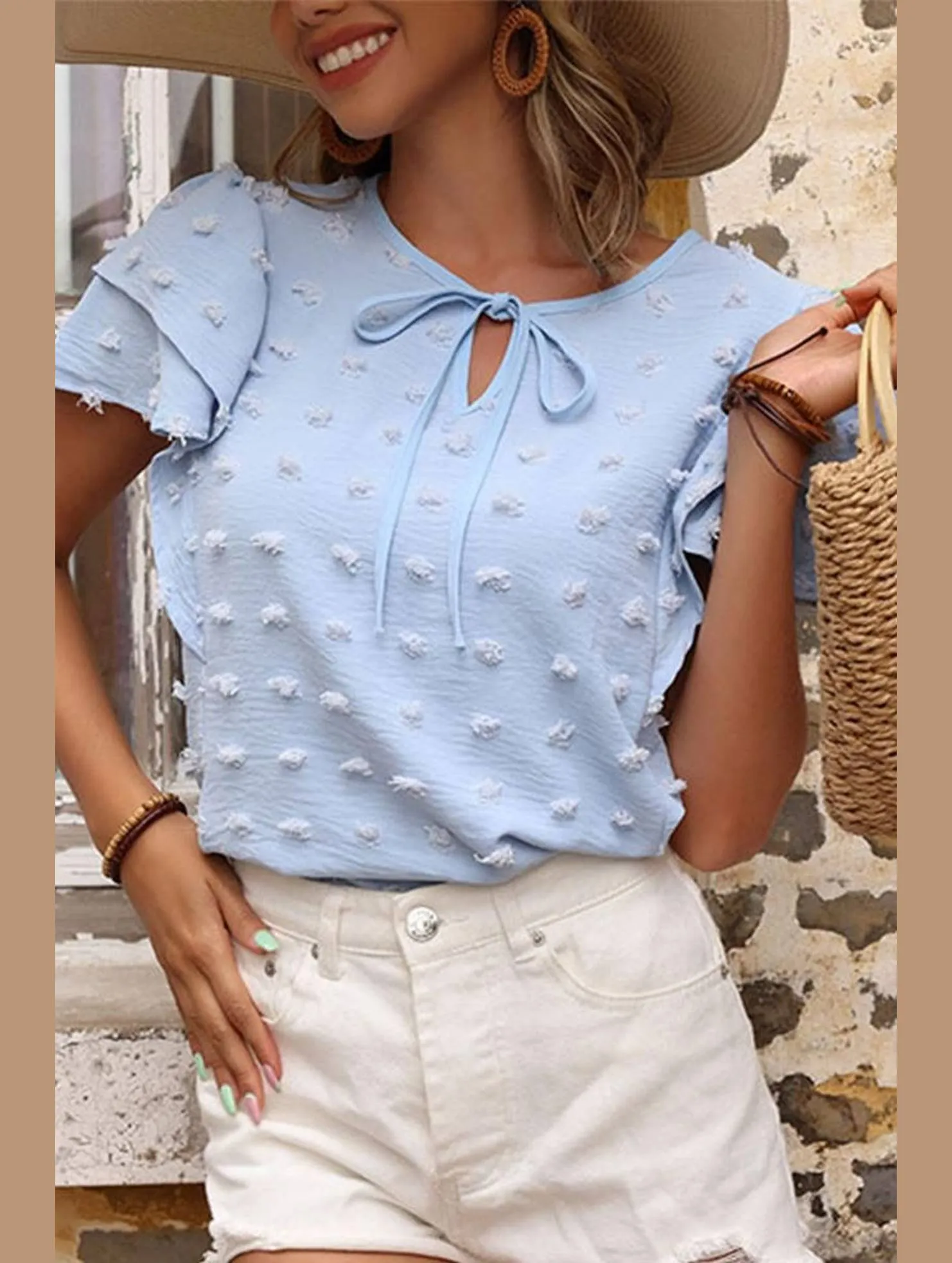 WOMEN PETAL SLEEVE SWISS DOT BLUE TEE Comfortable Cotton