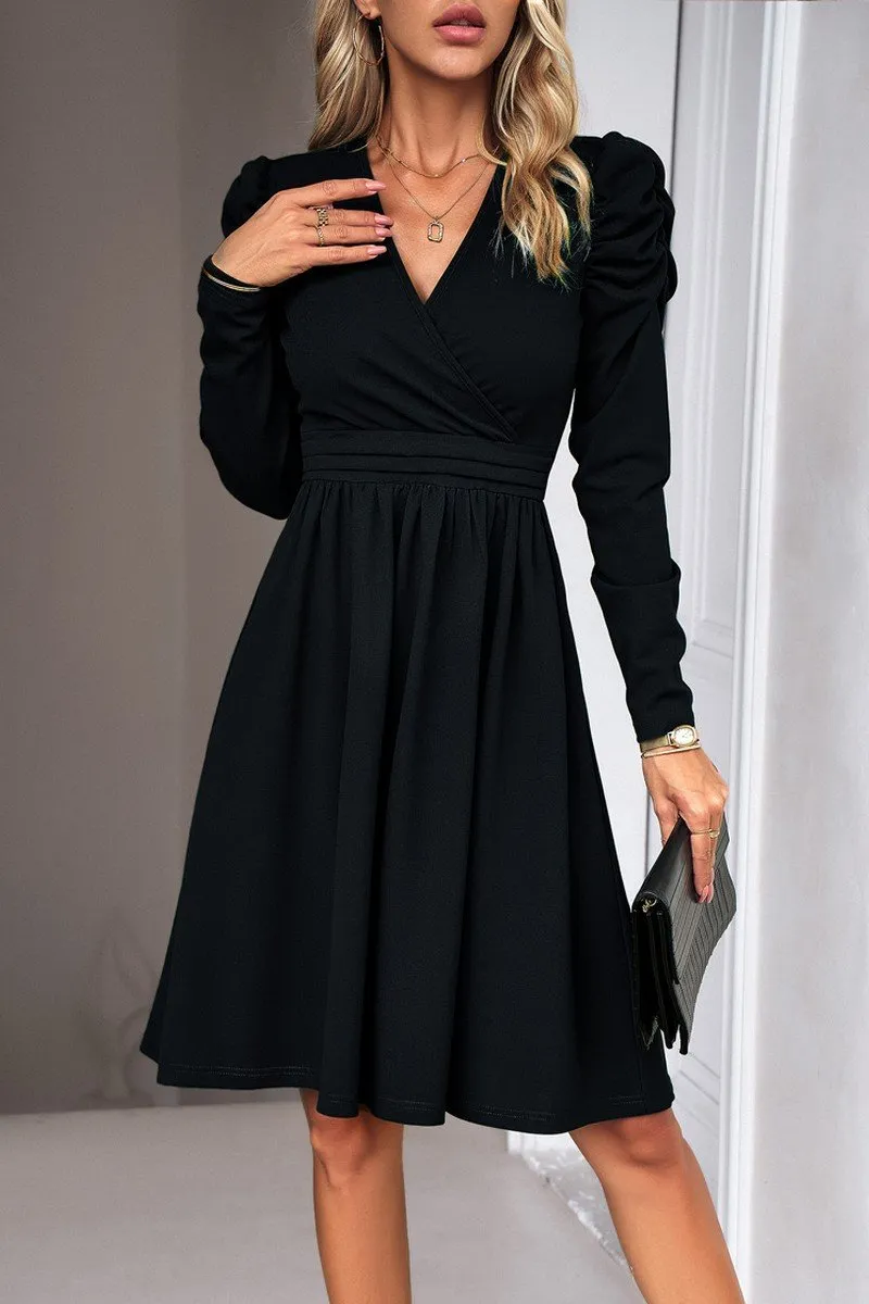 Airy Layer WOMEN PUFF SLEEVE V NECK WARP STYLE SWING DRESS