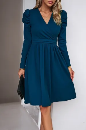 WOMEN PUFF SLEEVE V NECK WARP STYLE SWING DRESS All-Day Fit