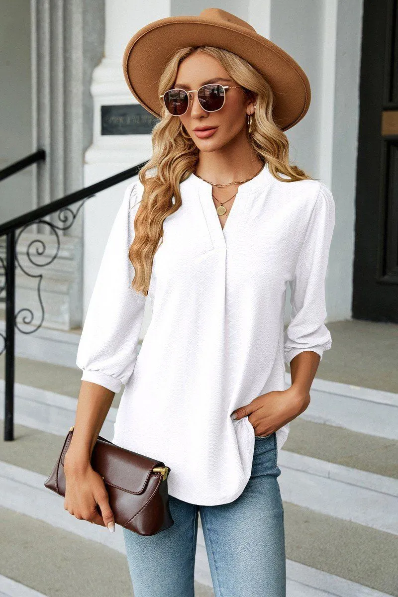 WOMEN RIBBED 3/4 SLEEVE PATTERN STITCHED BLOUSE FasteningHood