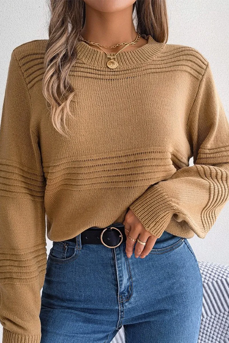 Breathable fabric Roll Up Sleeve Design WOMEN RIBBED CREWNECK LOOSE FIT KNITTED SWEATER