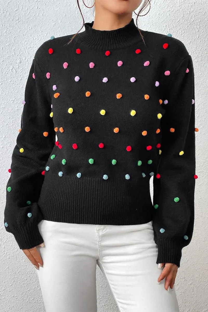 WOMEN RIBBED HIGH NECK COLOR SWISS DOT JUMPER TOP Reversible design