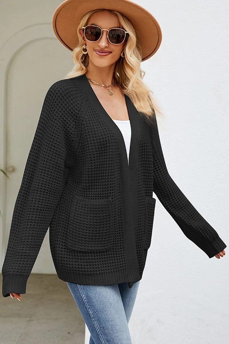 SeamlessConstruction WOMEN RIBBED KNIT CARDIGAN WITH POCKETS