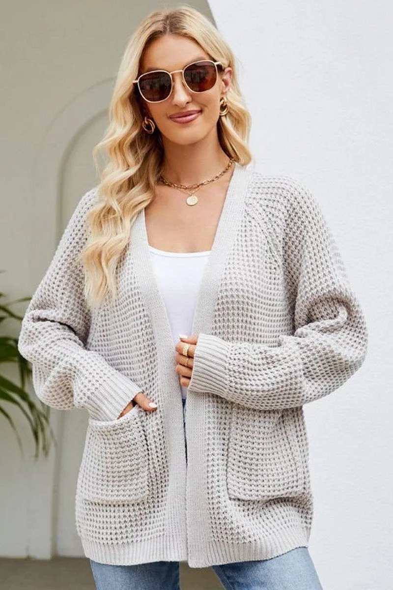 Stretchable Material WOMEN RIBBED KNIT CARDIGAN WITH POCKETS