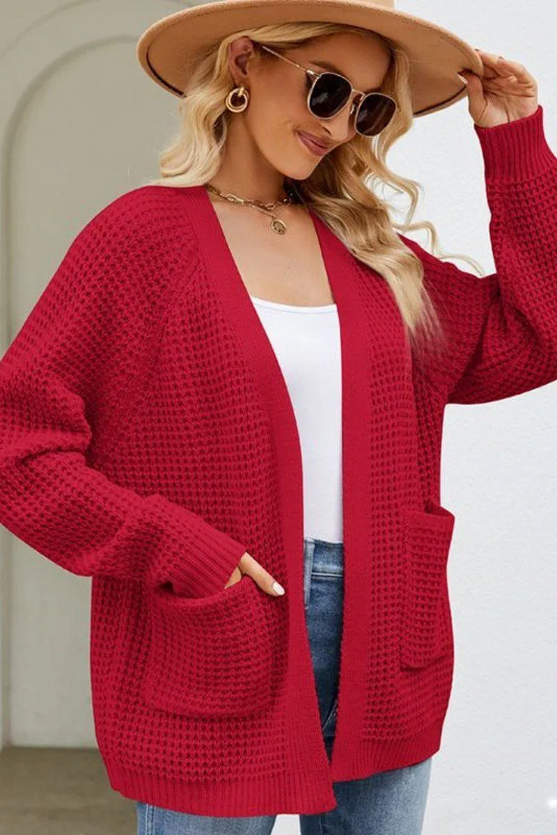 WOMEN RIBBED KNIT CARDIGAN WITH POCKETS Flex Fit Shoulder Construction Reinforced Neckline