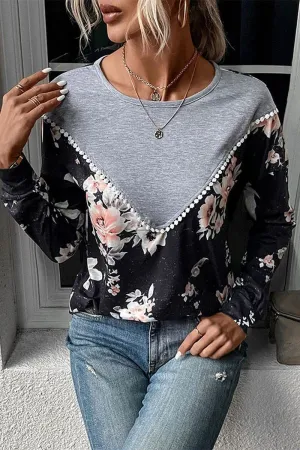 WOMEN ROUND NECK FLORAL PRINTING LONG SLEEVE TEE Friction Resistant Edges DurableZipper