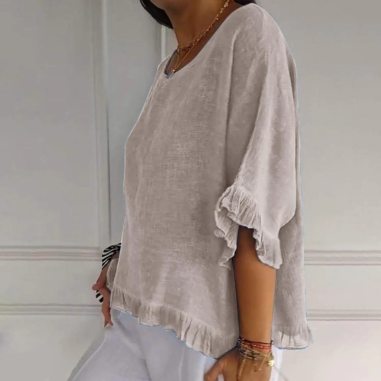 Women Round Neck Ruffled Hem Cotton Linen Tops 2025 Summer Short Sleeve Solid Color Pullover Tunic Elegant Blouse Tee