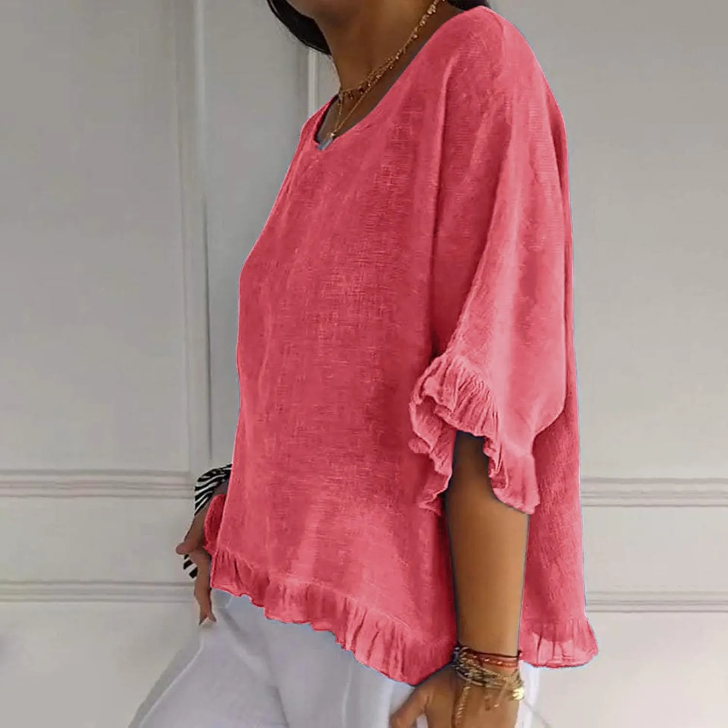 Women Round Neck Ruffled Hem Cotton Linen Tops 2025 Summer Short Sleeve Solid Color Pullover Tunic Elegant Blouse Tee